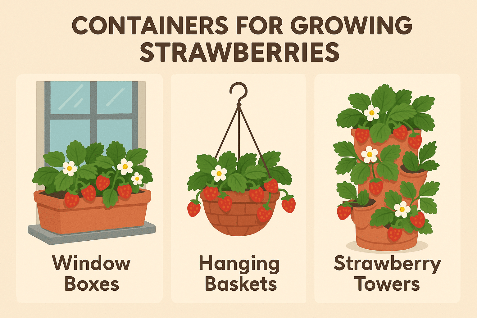 Infographic showing various pots and containers for growing strawberries