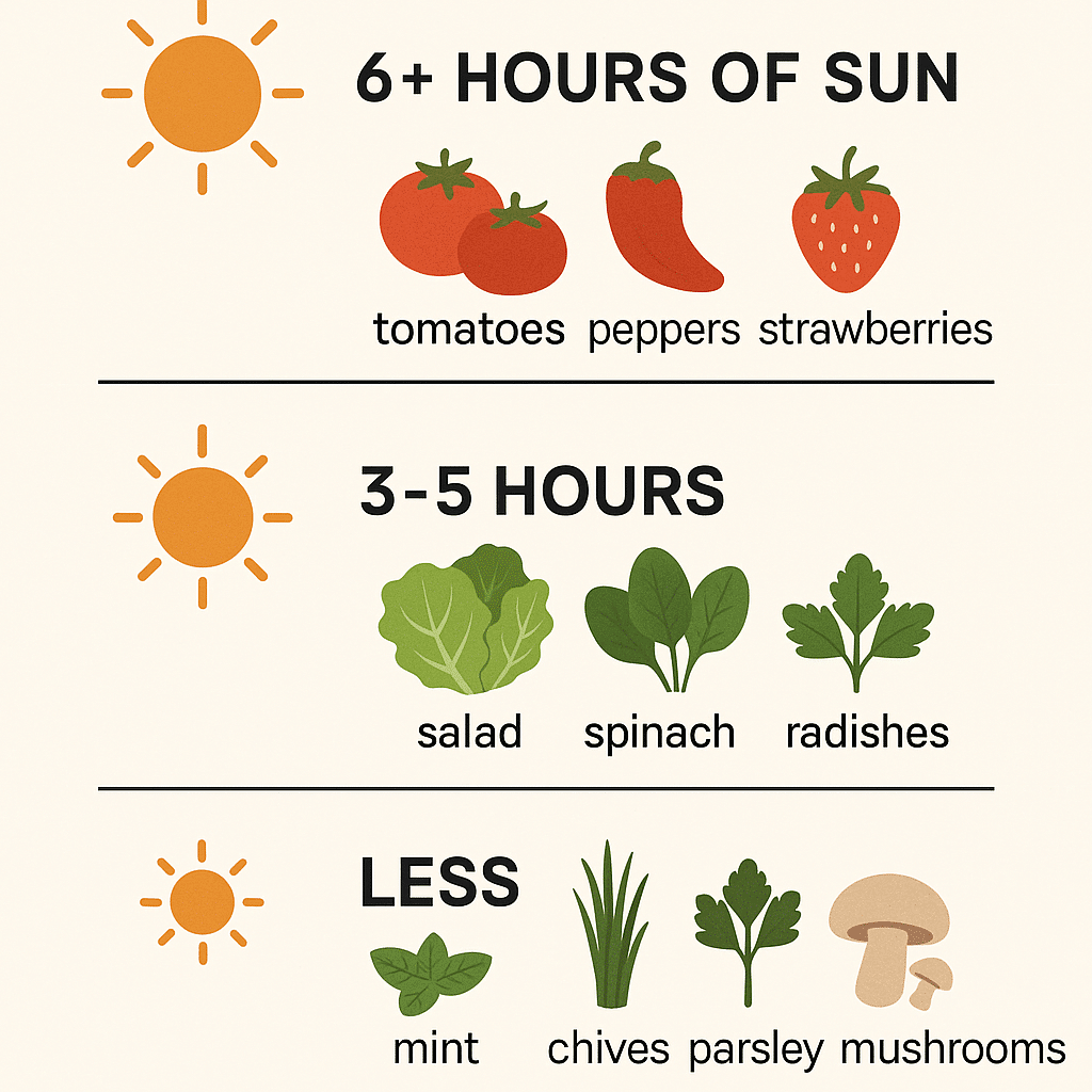 Infographic showing what plants you can grow on a balcony depending on sunlight exposure
