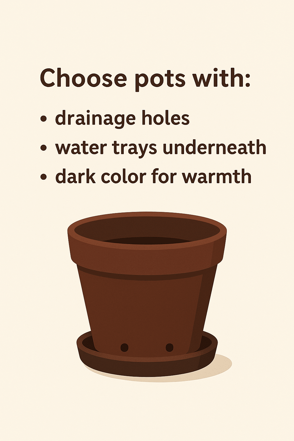 Illustrated infographic explaining how to choose the best pots and containers for growing plants on a balcony