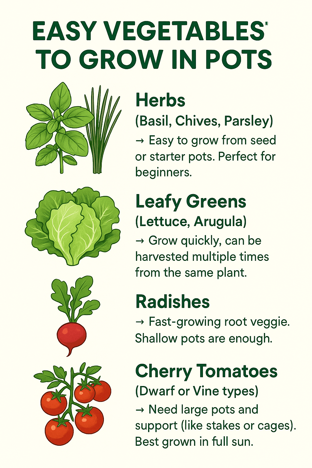 Infographic of easy vegetables to grow in pots for beginners, with illustrations and names of each vegetable