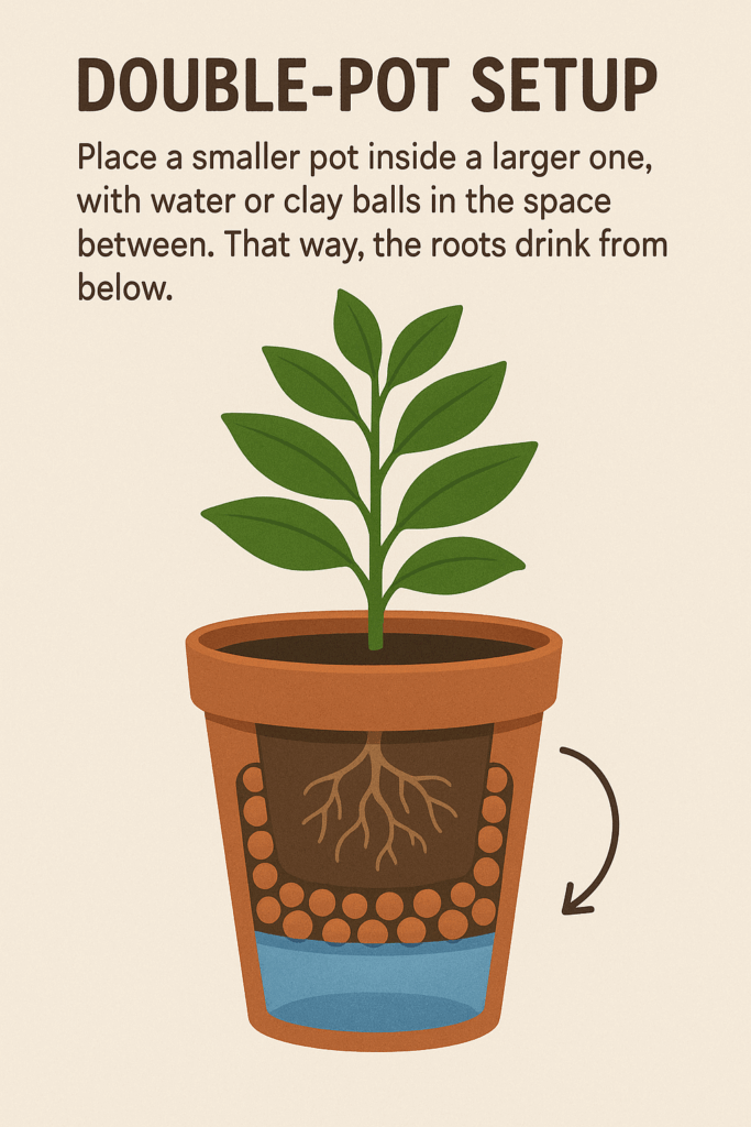 Infographic illustrating a double pot setup, showing an inner pot with drainage holes placed inside an outer pot to improve water drainage and root health