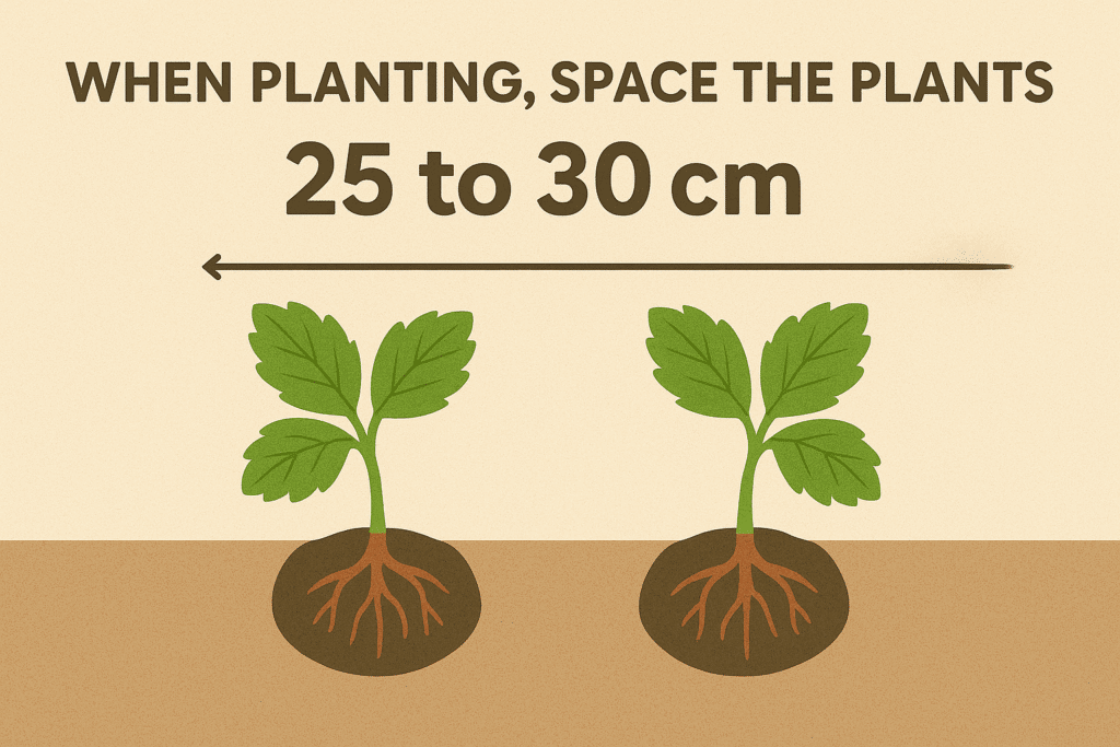 Infographic showing the recommended spacing between two strawberry plants
