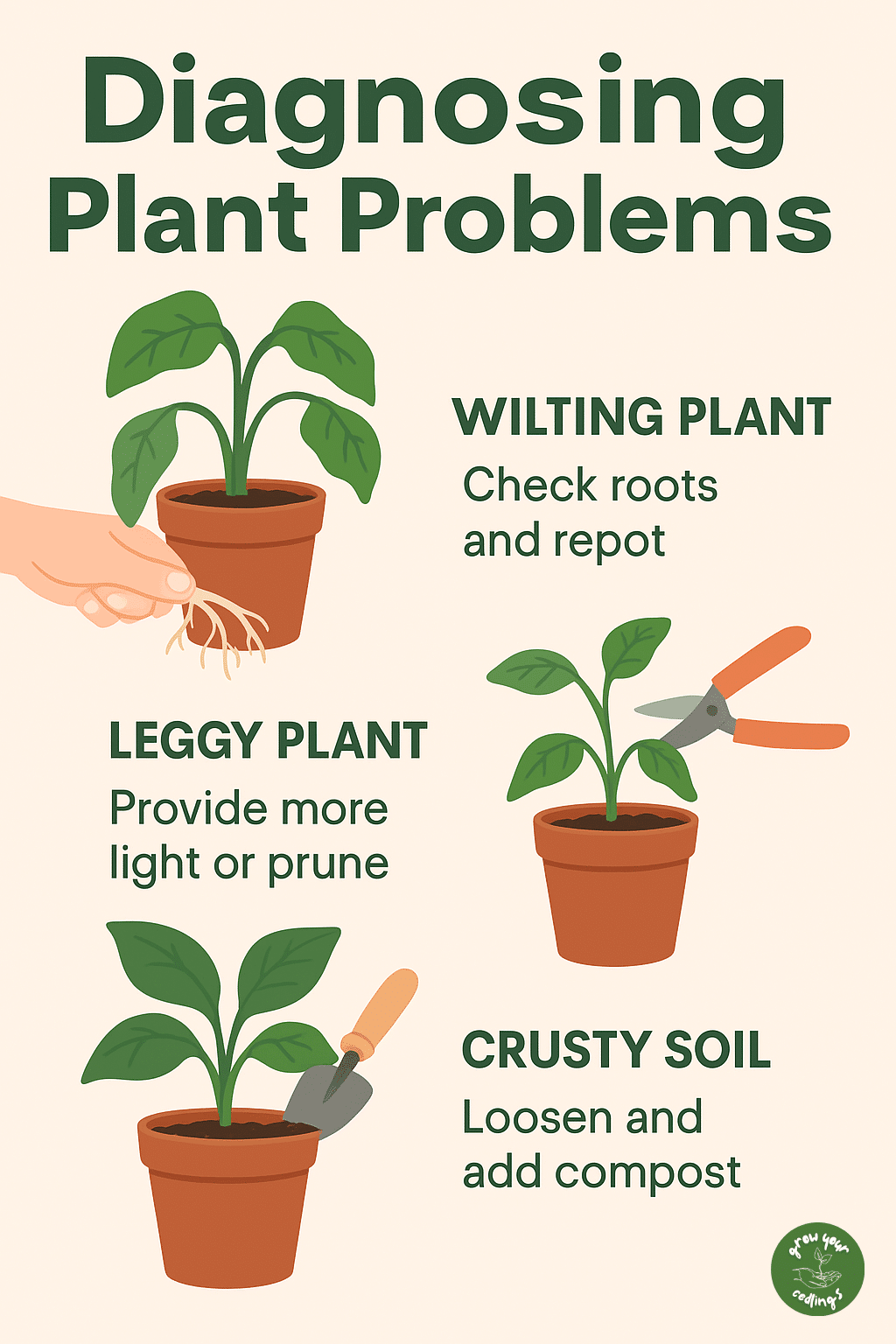 Infographic explaining how to diagnose common problems in potted plants, including signs of overwatering, pests, and nutrient deficiencies