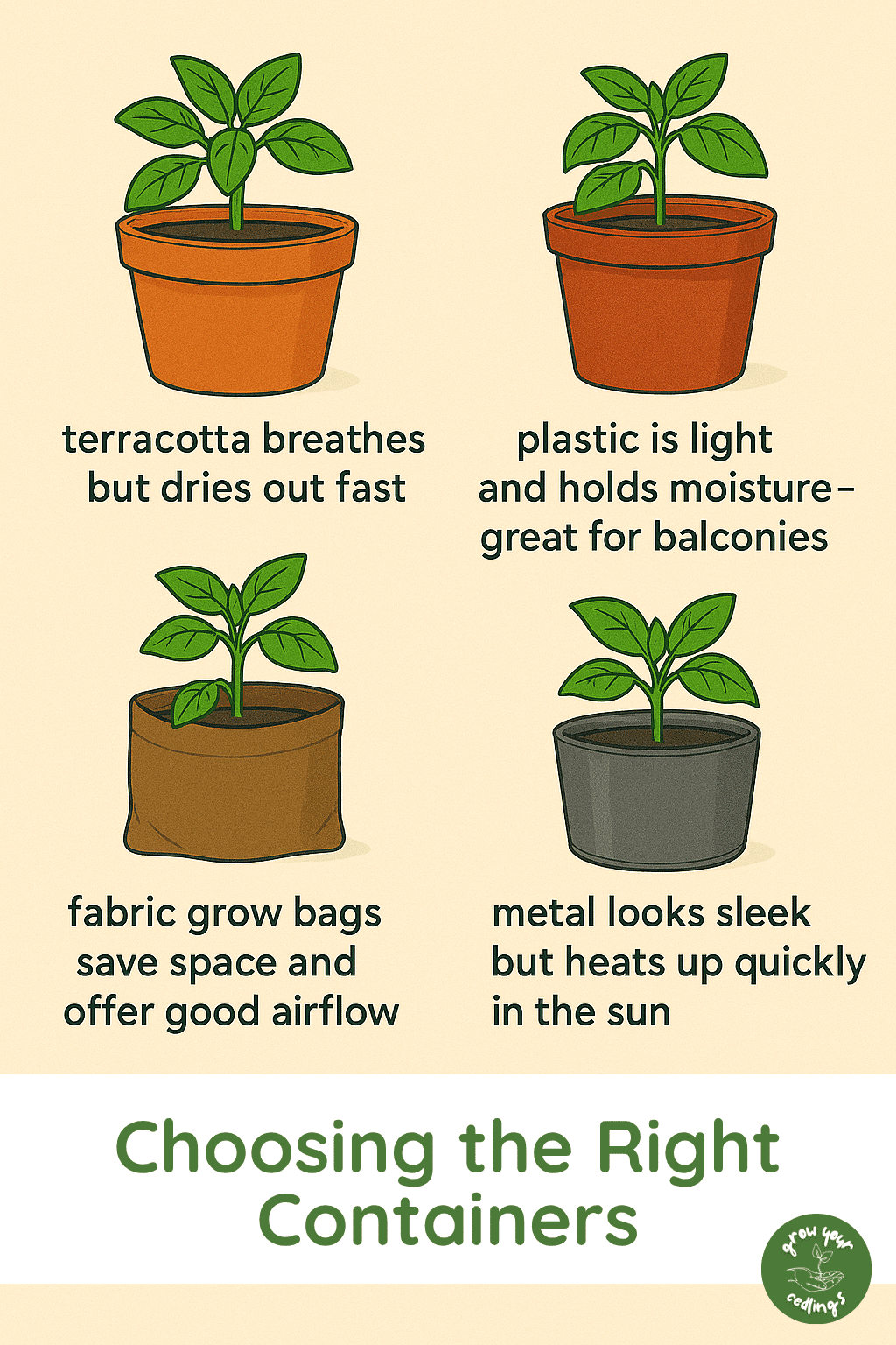 Infographic showing different types of gardening pots with their names and characteristics