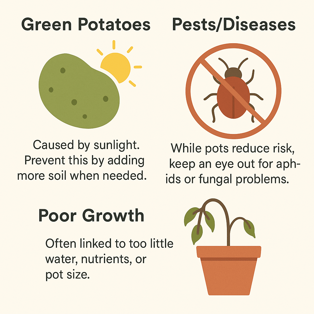 Infography showing Common Problems you can have when you plant potatoes in a pot on a balcony garden
