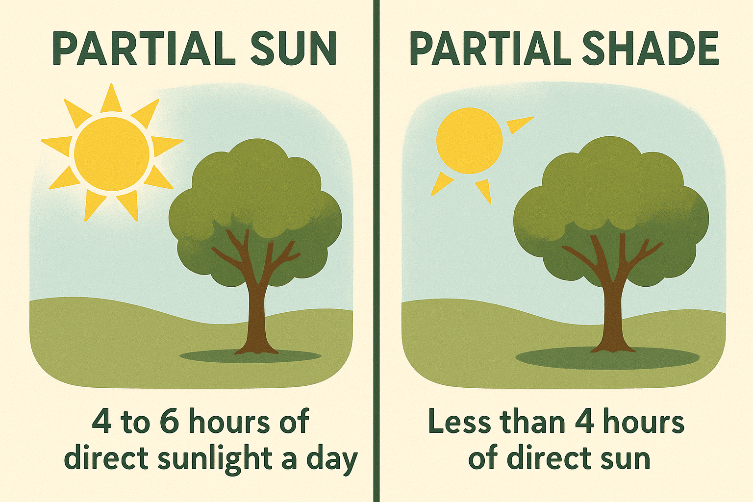 Infographic showing the characteristics of partial sun and partial shade