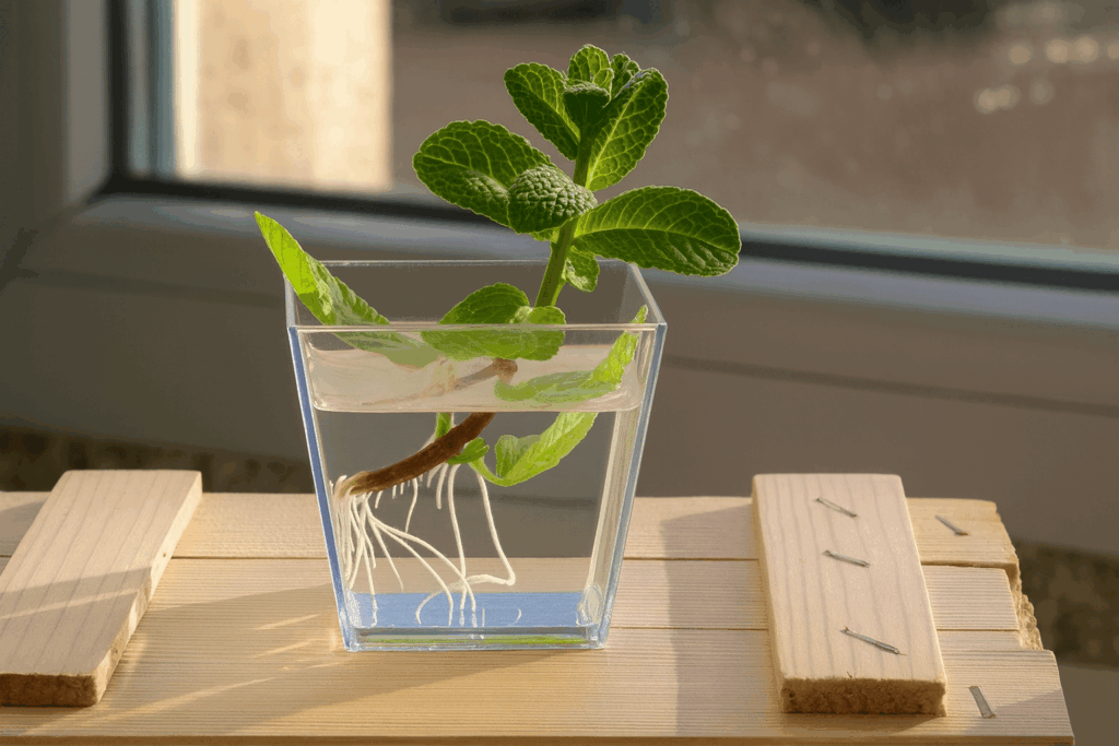 Visual showing how to place a mint stem in water to grow unlimited mint