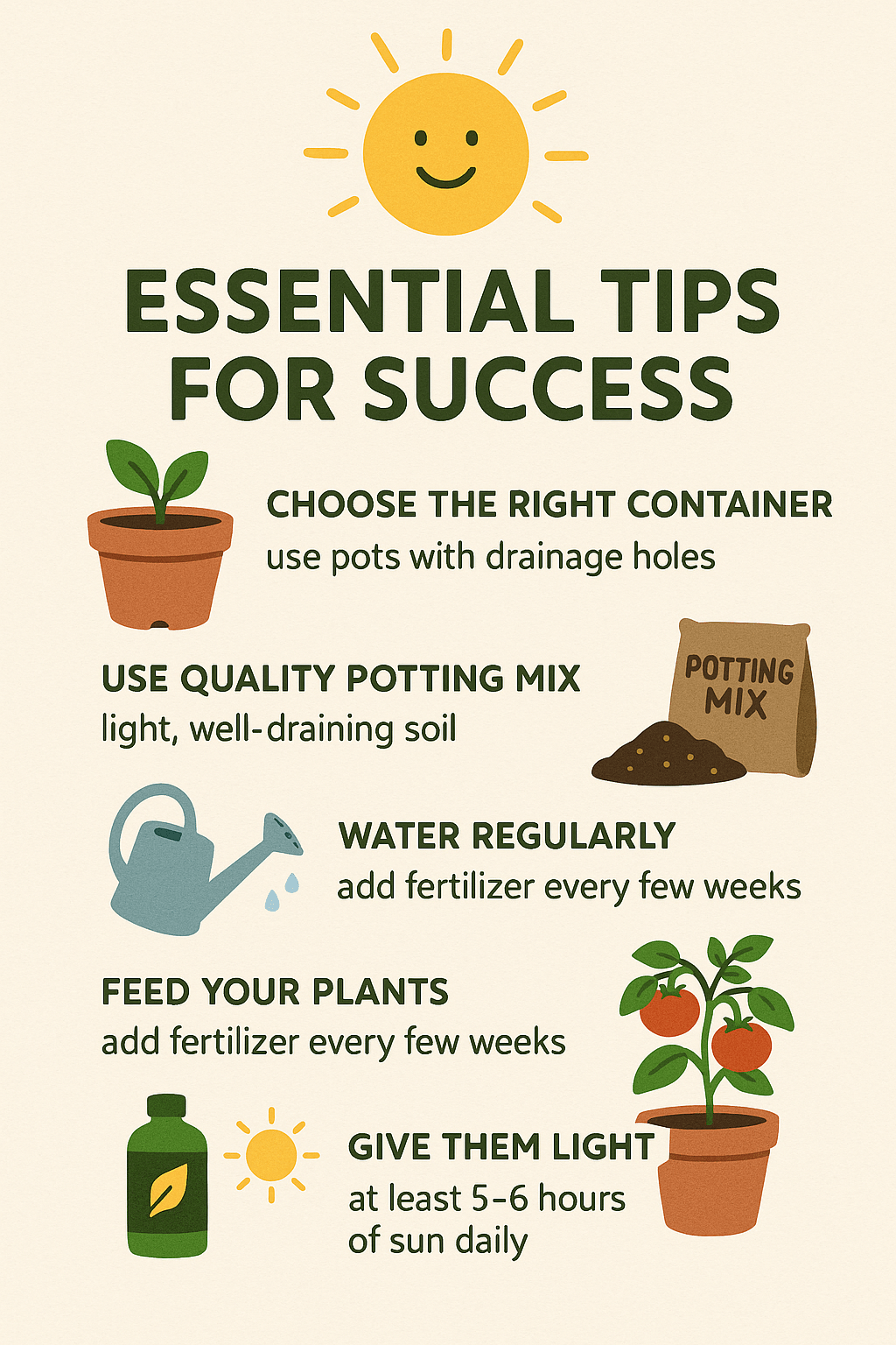 Infographic with icons showing five container gardening tips: use pots with drainage, quality soil, regular watering, fertilizing, and 5–6 hours of sunlight.