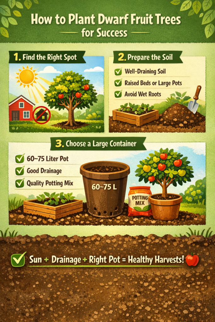 Infographic illustrating step-by-step tips for planting dwarf fruit trees, including sunlight requirements, well-draining soil, and container size recommendations.