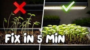 infography showing leggy seedlings on one side with thin stems and pale leaves, and how to fix it with stronger light and compact healthy results on the other side.