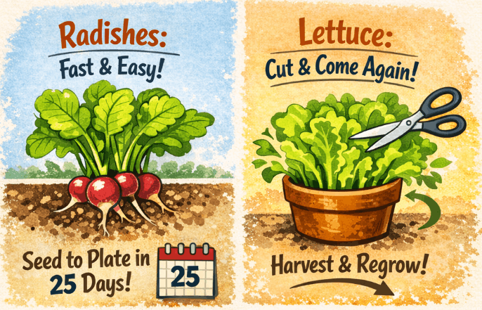 One great gardening tip is to harvest easy vegetables like radishes or lettuces.