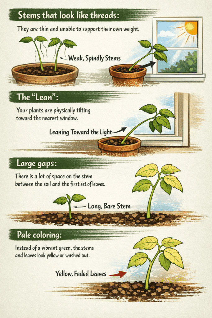 Infographic explaining why my seedlings are leggy, showing thin thread-like stems, seedlings leaning toward a window, large gaps between soil and first leaves, and pale yellowish foliage.