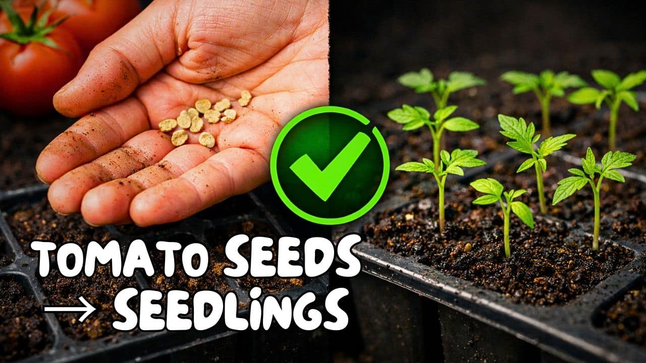 Hand holding tomato seeds showing how to plant tomatoes indoors