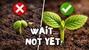 Comparison of a young tomato seedling with only cotyledons versus a seedling ready for potting up with two sets of true leaves