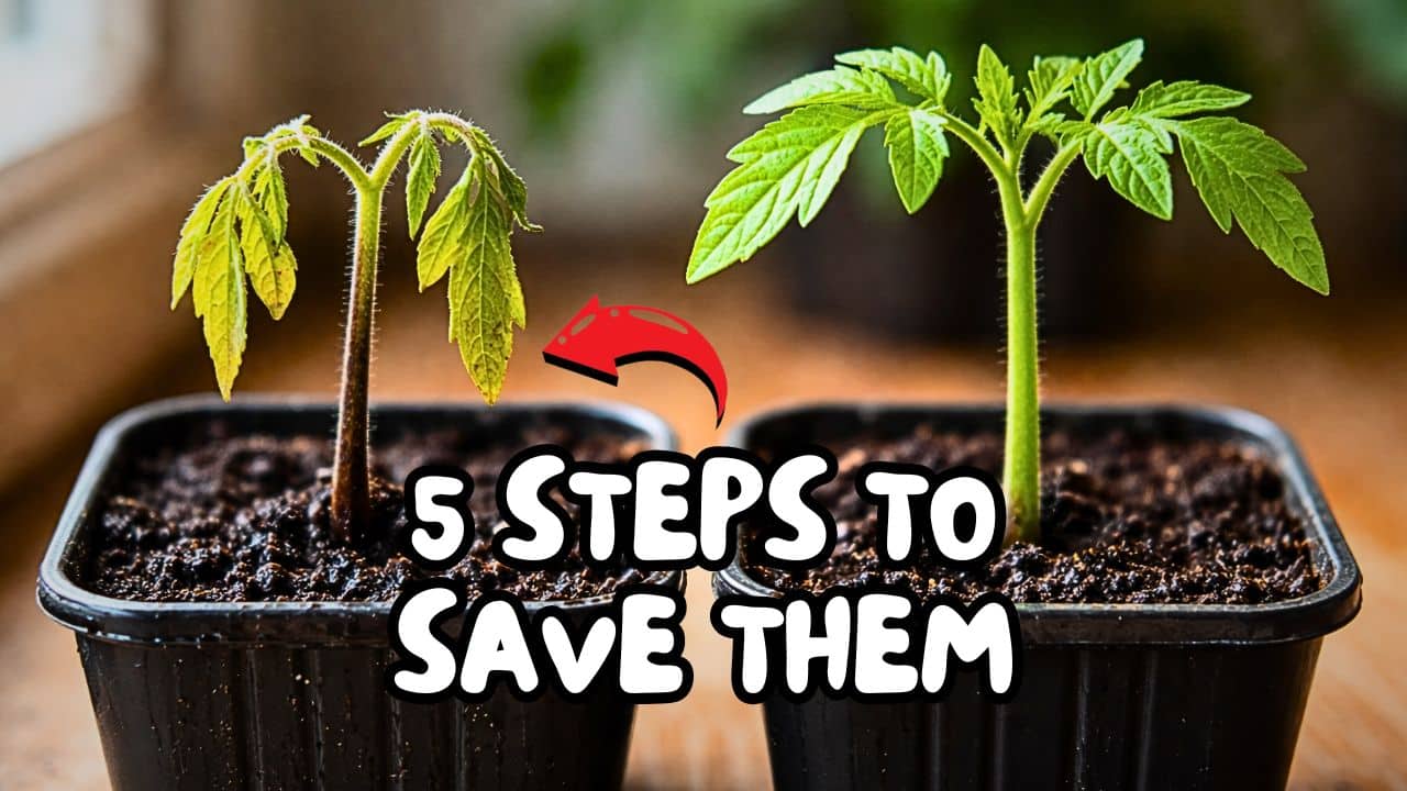 Side-by-side comparison of a vibrant healthy tomato seedling and a pale, struggling overwatered seedling