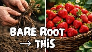 Hands planting bare root strawberry plants in soil, with ripe strawberries pictured on the right