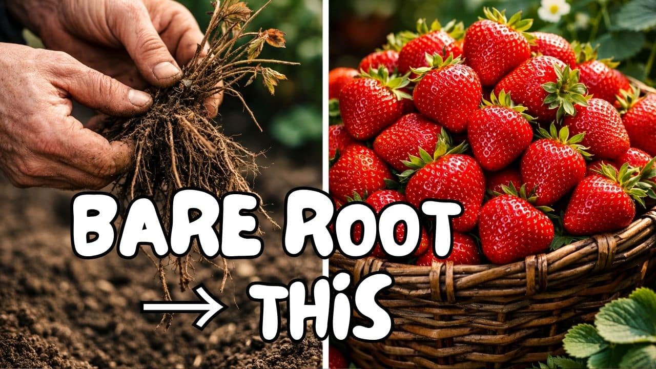 Hands planting bare root strawberry plants in soil, with ripe strawberries pictured on the right