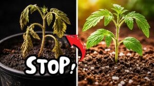 Comparison of an unhealthy tomato seedling with yellow leaves and a healthy green seedling