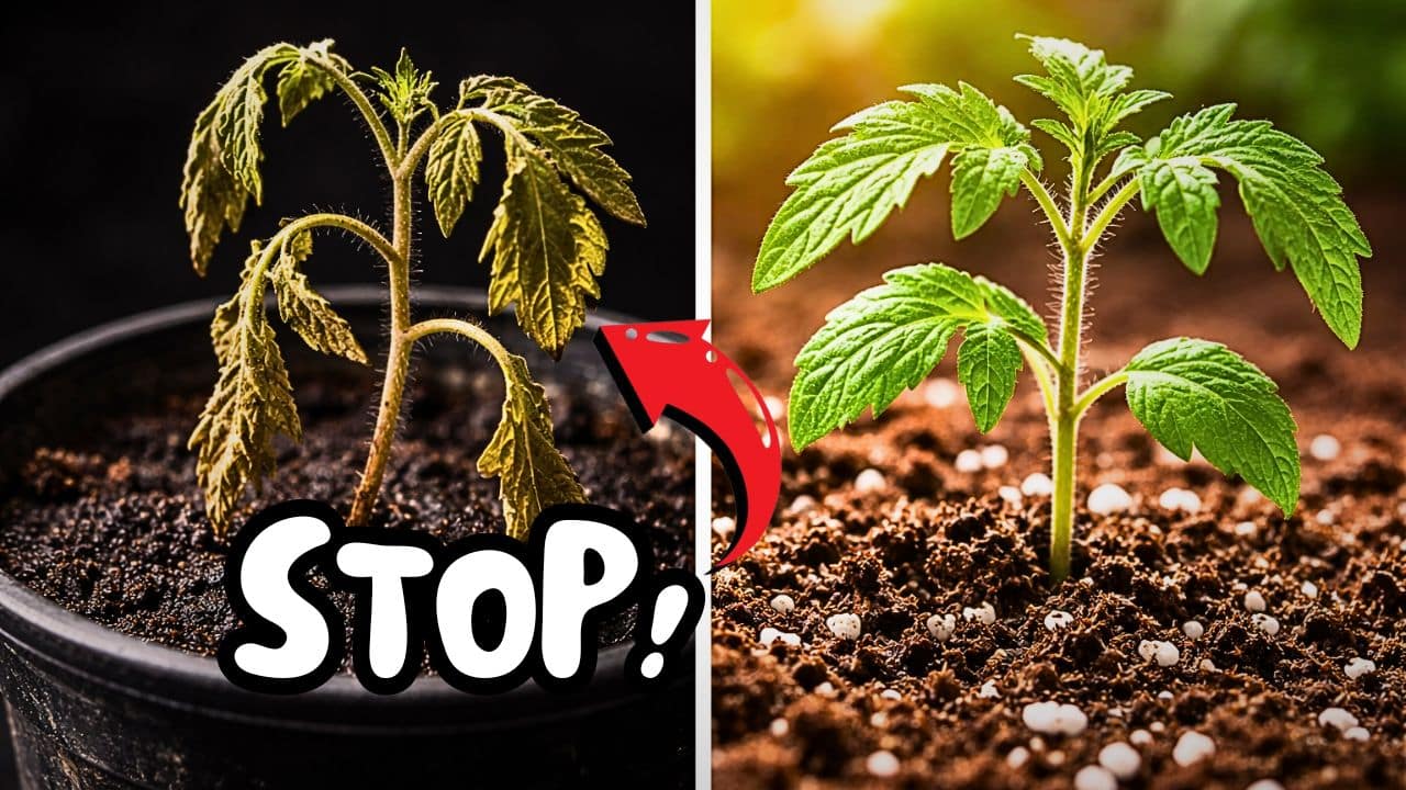 Comparison of an unhealthy tomato seedling with yellow leaves and a healthy green seedling