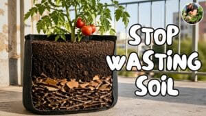 an image showing how to fill a large planter using layers of branches, cardboard, and organic compost for a balcony garden.