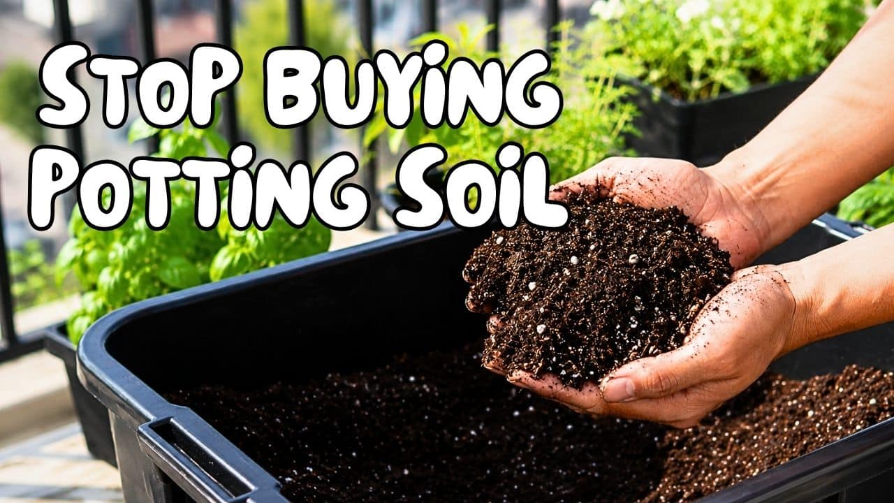 Close-up of hands holding a handful of homemade potting soil showing a rich and airy texture