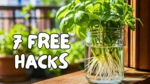 Close-up of basil and mint cuttings rooting in water, showing easy ideas for small gardens on a budget.