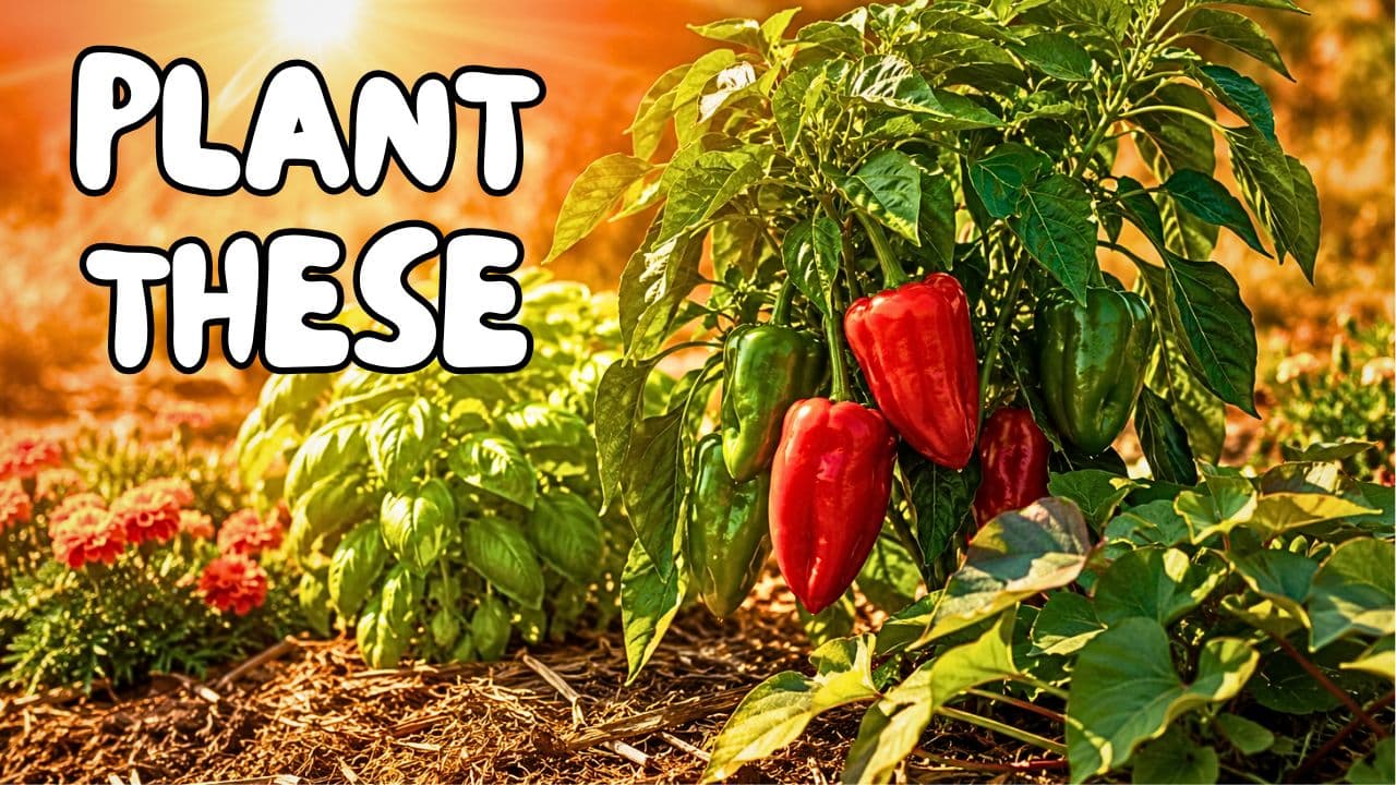 A variety of heat tolerant vegetables including hot peppers, eggplants, and basil growing in a sunny summer garden
